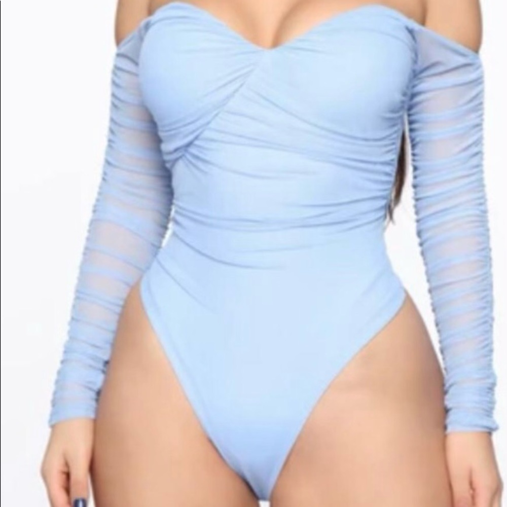 Blue mesh off-the-shoulder bodysuit